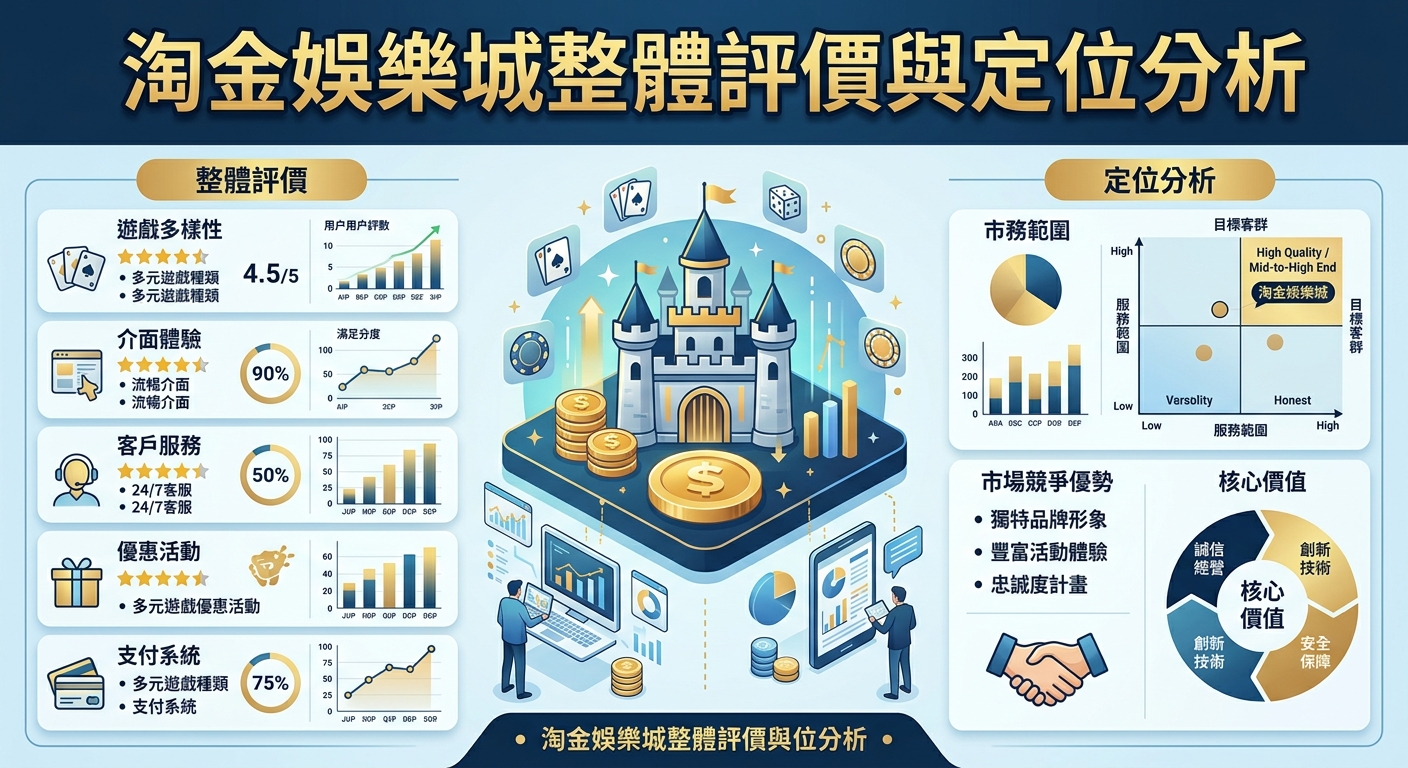 這幅圖像是以深藍與亮金為主的專業分析圖表，中央繪有城堡、金幣與數據分析圖案，象徵品牌實力與娛樂價值。 頂部展示醒目的標題「淘金娛樂城整體評價與定位分析」，整體視覺科技感十足且結構清晰。