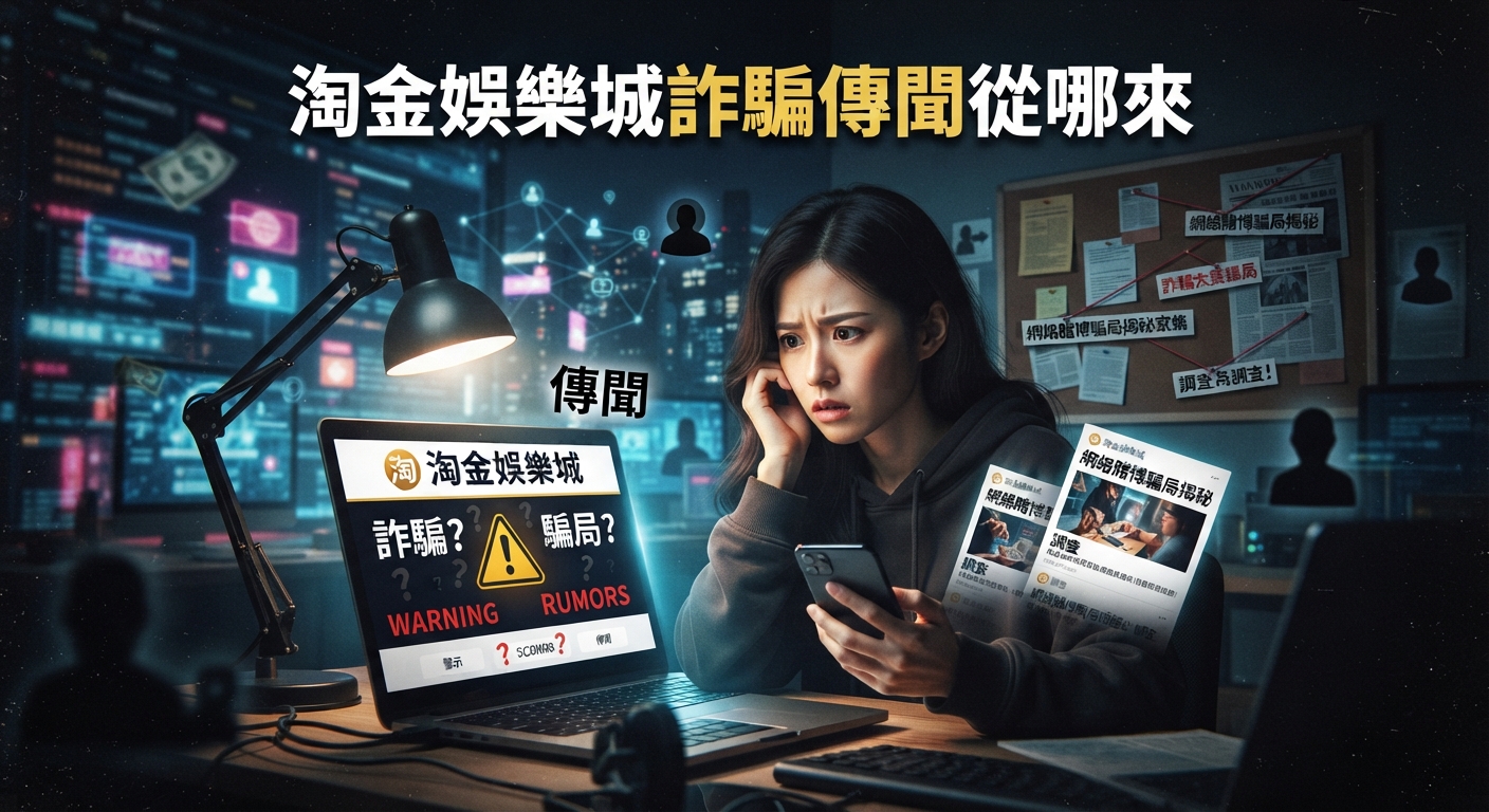 這是一張關於「淘金娛樂城詐騙傳聞從哪來」的主題圖片。畫面中顯示了一名女子正看著筆記型電腦與手機,周圍充滿了調查與傳聞相關的元素。