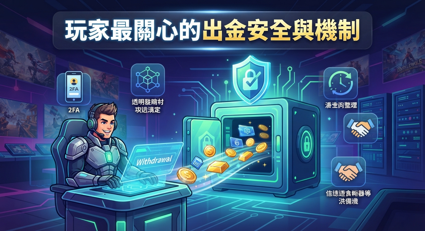 這張圖片展示了一名玩家在安全的遊戲環境中進行提現操作,並突出了出金的安全防護與機制。畫面整體呈現出科技感與信任感。